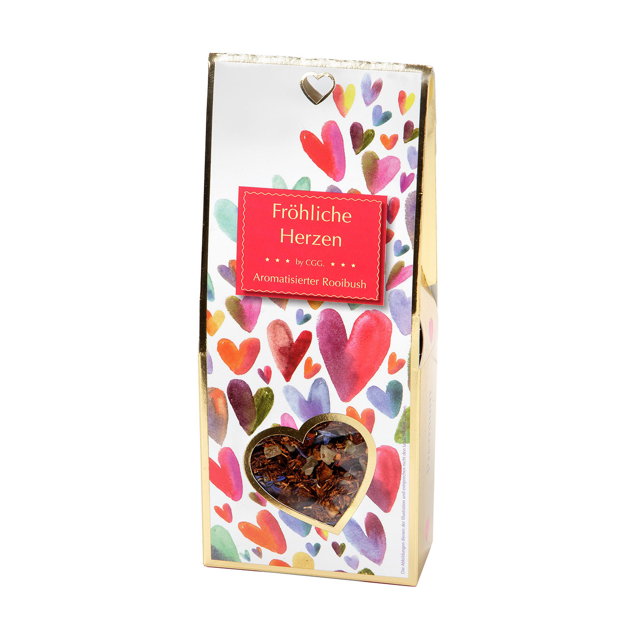 Teegeschenk goldenes Herz mit 6 ausgesuchten Teesorten und Kandissticks